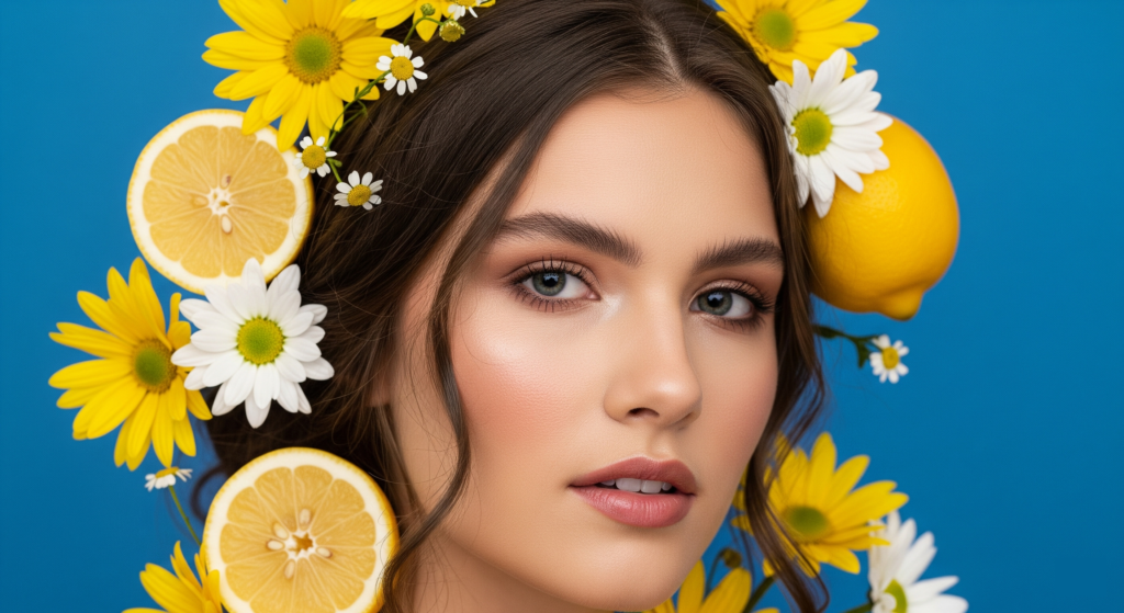 AI model in floral and lemon portrait.